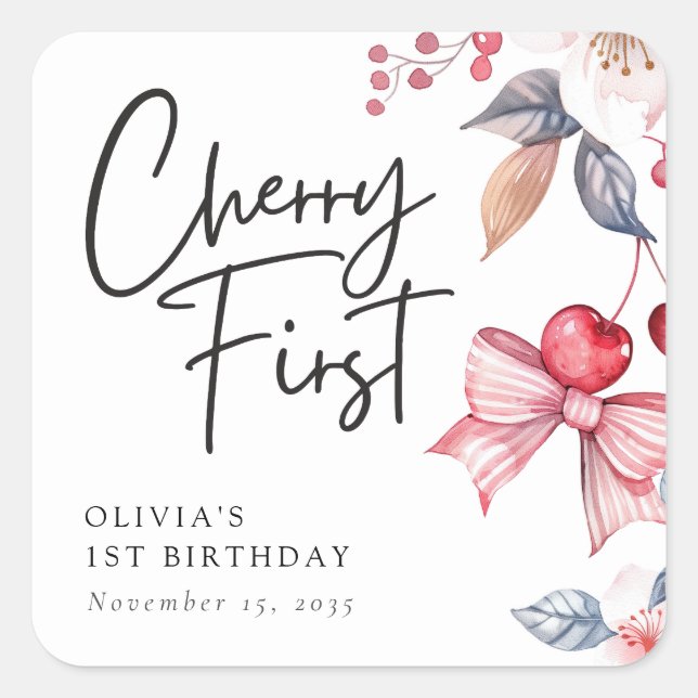 Pegatina Cuadrada Cherry First Pink Bow Coquette 1º cumpleaños (Anverso)