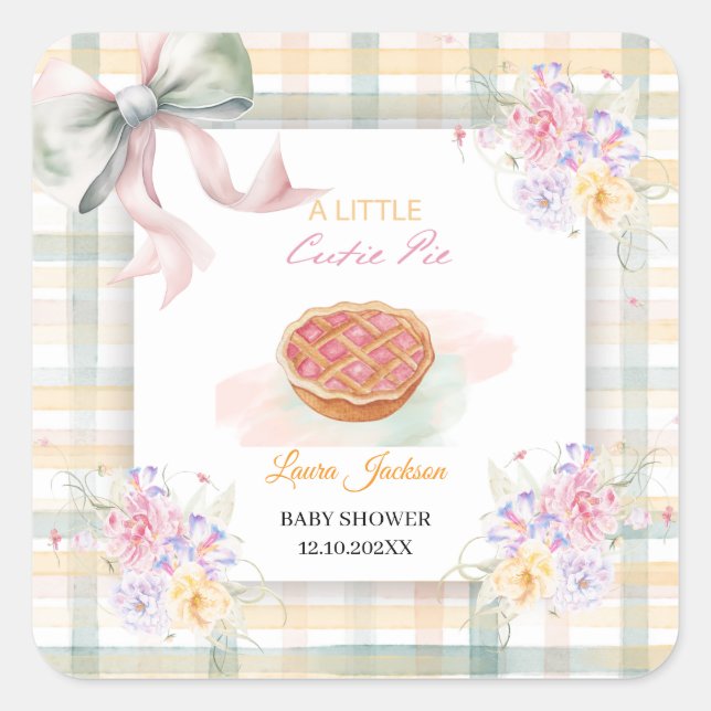 Pegatina Cuadrada Cherry Little Cutie Pastel Gingham Baby Shower (Anverso)