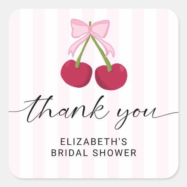 Pegatina Cuadrada Cherry On Top Bridal Shower Coquette Bow Stripes (Anverso)