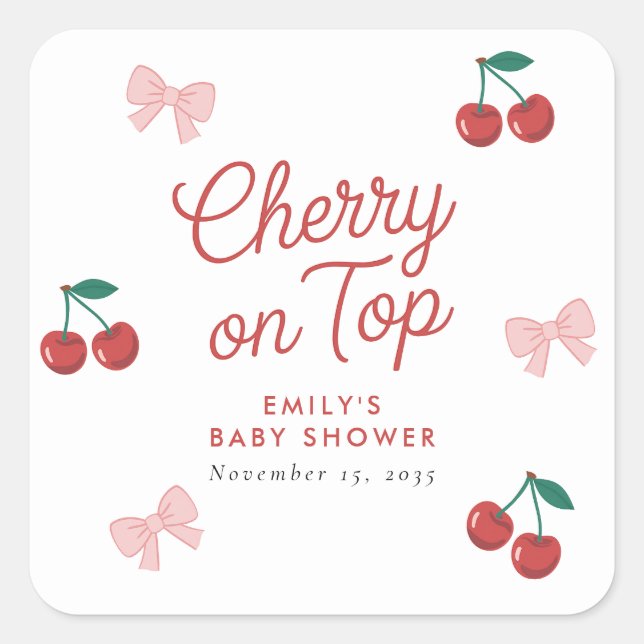 Pegatina Cuadrada Cherry on Top Pink Bow Coquette Baby Shower (Anverso)