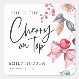 Pegatina Cuadrada Cherry on Top Pink Bow Coquette Baby Shower