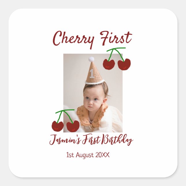 Pegatina Cuadrada Cherry primer feliz cumpleaños foto niños rojo mod (Anverso)