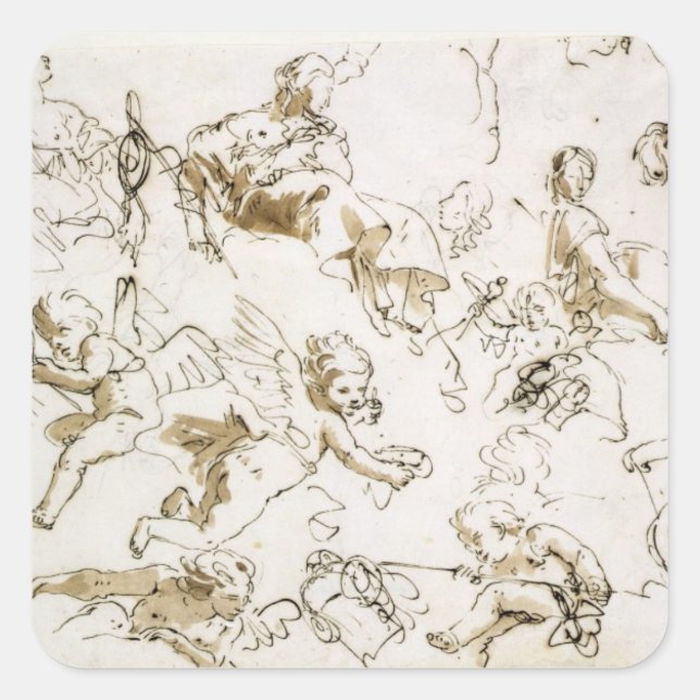Pegatina Cuadrada Cherubs, principios del siglo XVIII (pluma, tinta  (Anverso)