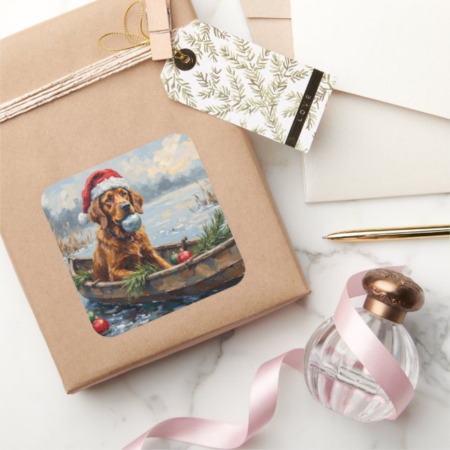 Pegatina Cuadrada Chesapeake Bay Retriever Christmas Hunting Boat (Regalar)