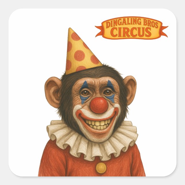 Pegatina Cuadrada Chester el payaso chimpancé (Anverso)