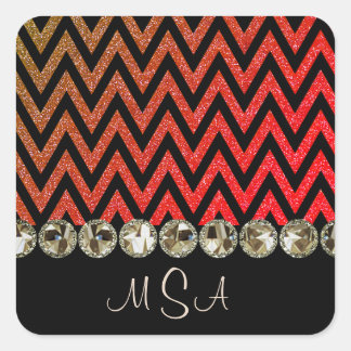 Pegatina Cuadrada Chevron Bling Red Monogram Glam Jewels