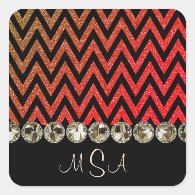 Pegatina Cuadrada Chevron Bling Red Monogram Glam Jewels (Anverso)