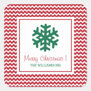 Pegatina Cuadrada Chevron Rojo Personalizado Snowflake Feliz Navidad