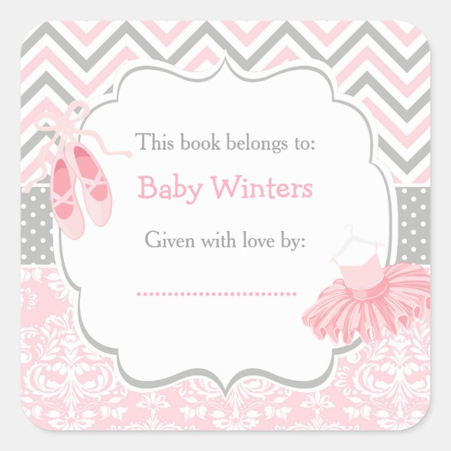 Pegatina Cuadrada Chevron Rosado/Gris Ballerina Baby Shower Bookplat (Anverso)