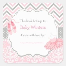 Pegatina Cuadrada Chevron Rosado/Gris Ballerina Baby Shower Bookplat
