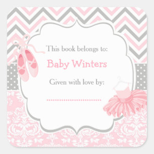 Pegatina Cuadrada Chevron Rosado/Gris Ballerina Baby Shower Bookplat
