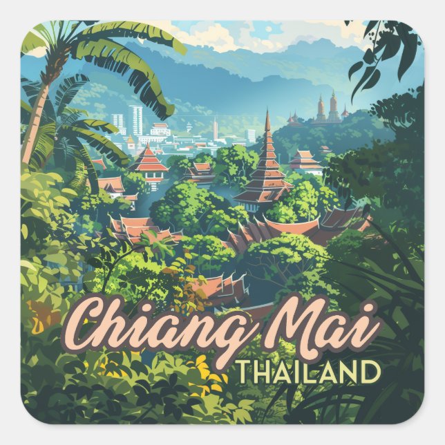 Pegatina Cuadrada Chiang Mai Tailandia Templos de Asia Montañas Vint (Anverso)