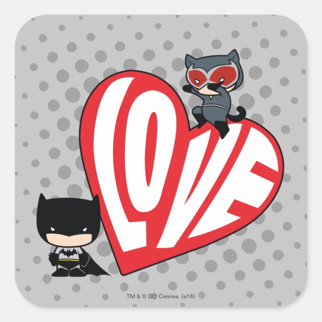 Pegatina Cuadrada Chibi Catwoman salta sobre Batman (Anverso)
