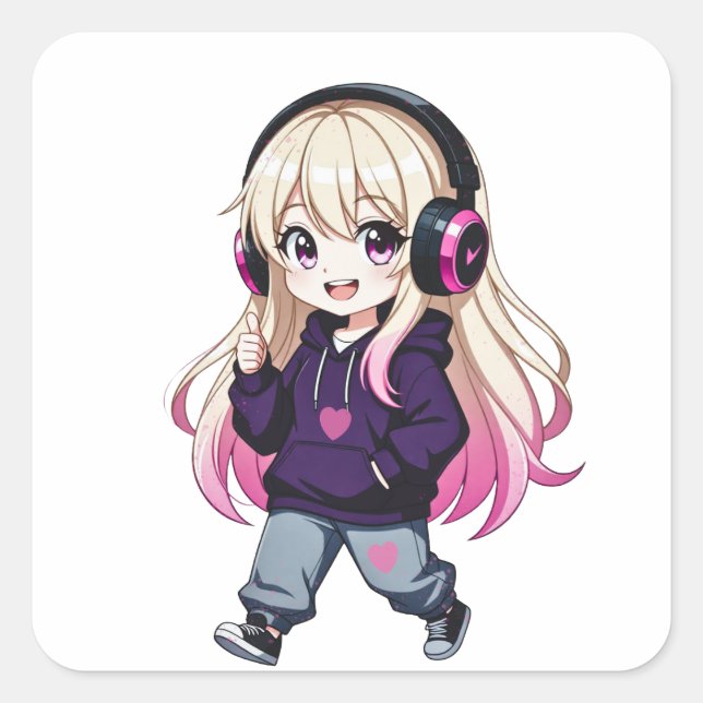 Pegatina Cuadrada Chibi Divertido (Anverso)