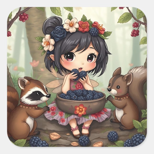 Pegatina Cuadrada Chibi Fairy Eating Blackberries with Forest Friend (Anverso)