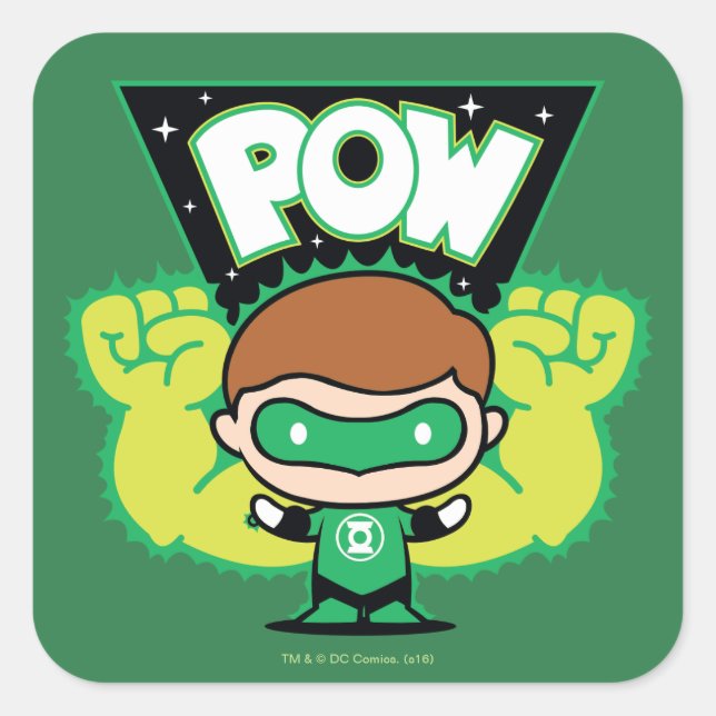 Pegatina Cuadrada Chibi Green Lantern Formando puños gigantes (Anverso)