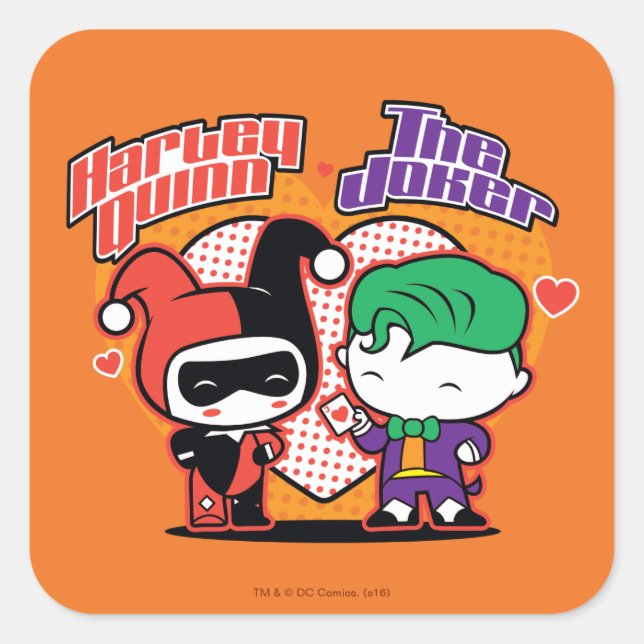 Pegatina Cuadrada Chibi Harley Quinn & Chibi Joker Hearts (Anverso)