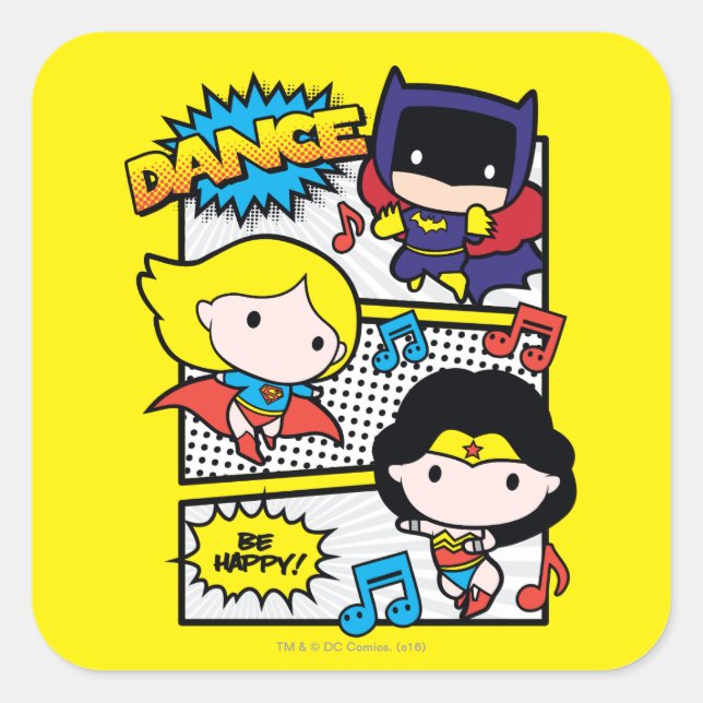 Pegatina Cuadrada Chibi Heroes Dancing (Anverso)