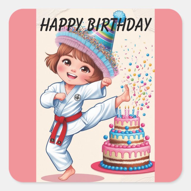 Pegatina Cuadrada Chibi KC patear la tarta de cumpleaños (Anverso)