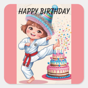 Pegatina Cuadrada Chibi KC patear la tarta de cumpleaños