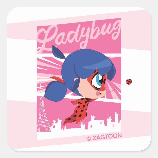 Pegatina Cuadrada Chibi Ladybug en París (Anverso)