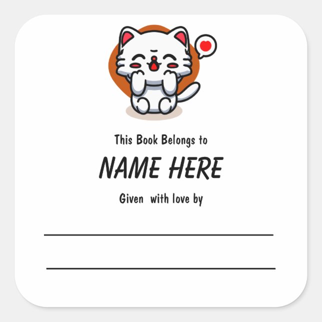 Pegatina Cuadrada Chibi Love Cat Children's Bookplate con mensaje (Anverso)