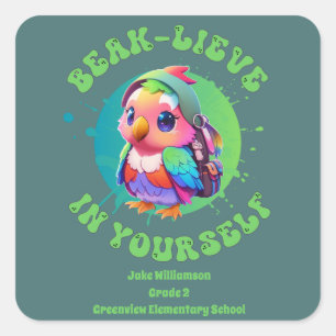 Pegatina Cuadrada Chibi Motivacional Kawaii Parrot Name School Year