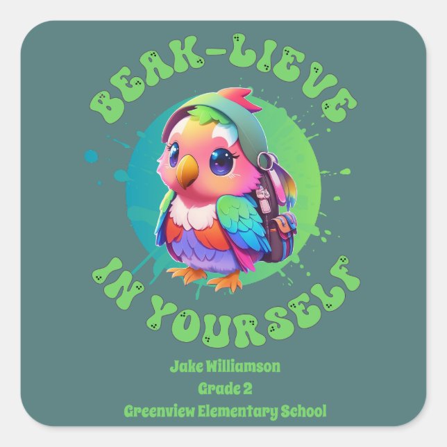 Pegatina Cuadrada Chibi Motivacional Kawaii Parrot Name School Year (Anverso)