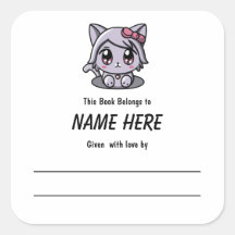 Chibi Purple Cat Children's Bookplate con mensaje