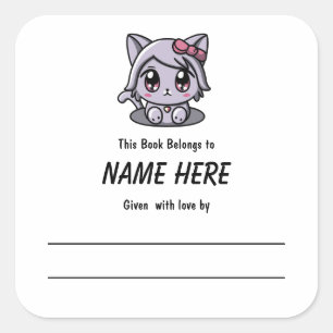 Pegatina Cuadrada Chibi Purple Cat Children's Bookplate con mensaje