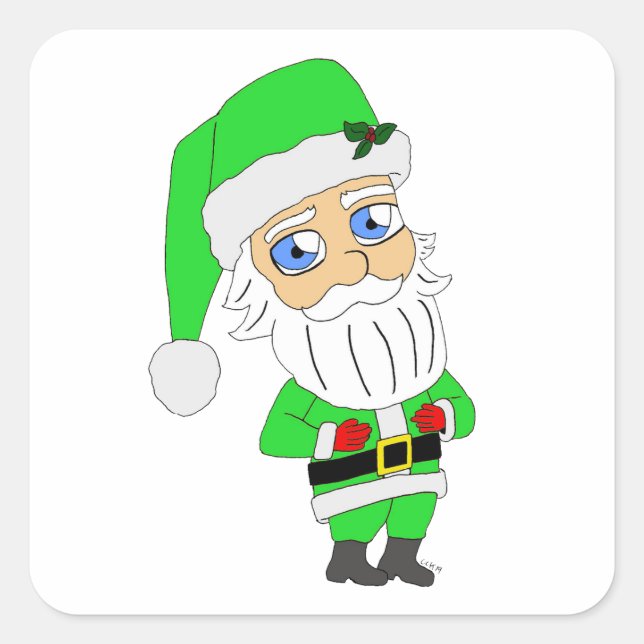 Pegatina Cuadrada Chibi Santa green suit (Anverso)