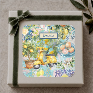 Pegatina Cuadrada Chic azul turquesa siciliano cítrico collage flora