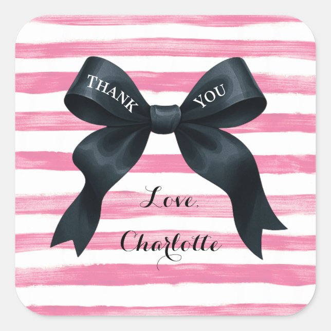 Pegatina Cuadrada Chic Black Bow Pink White Stripe (Anverso)