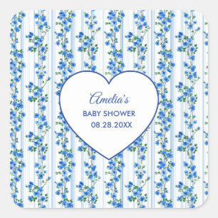 Pegatina Cuadrada Chic Boho Azul Flor de Niño floral Baby Shower