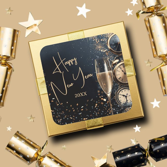Pegatina Cuadrada Chic Champagne Time Happy New Year (Champagne Time Happy New Year Square Stickers)