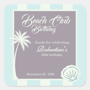 Pegatina Cuadrada Chic Coastal Stripe Beach Club 50 Cumpleaños