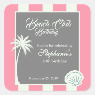 Pegatina Cuadrada Chic Coastal Stripe Beach Club 50 Cumpleaños