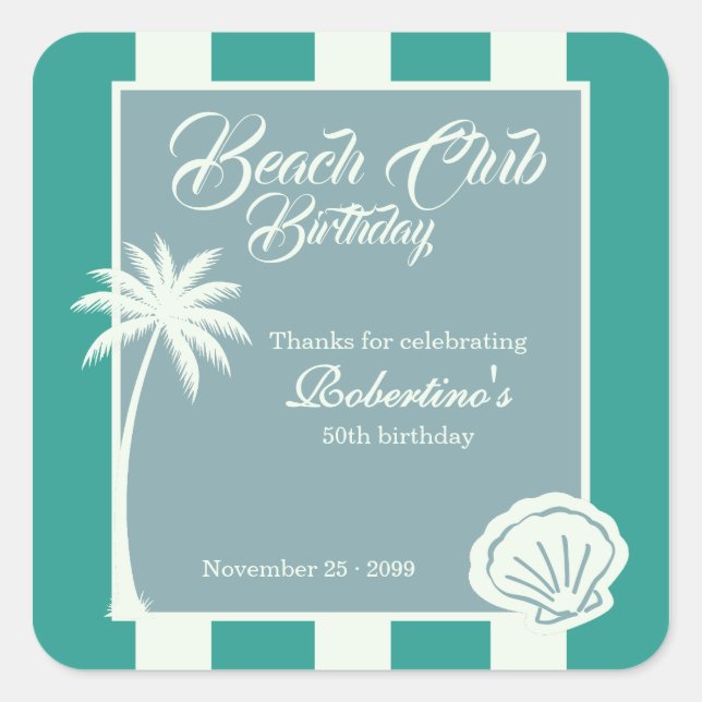 Pegatina Cuadrada Chic Coastal Stripe Beach Club 50th Birthday (Anverso)