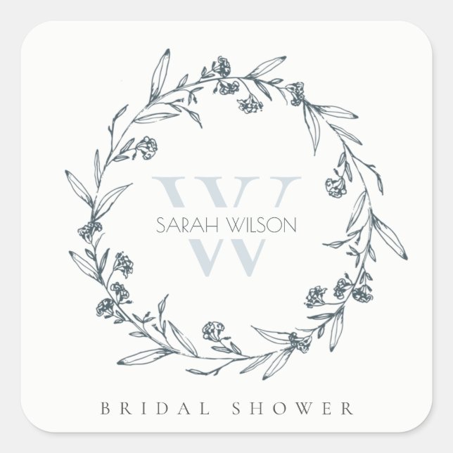Pegatina Cuadrada Chic Corona de Laurel Floral Monograma Despedida d (Anverso)