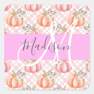 Pegatina Cuadrada Chic Femenino Floral Rosa Melocotón Calabaza Monog