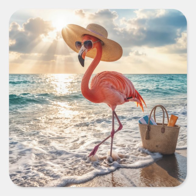 Pegatina Cuadrada Chic Flamingo with Sun Hat and Sunglasses (Anverso)