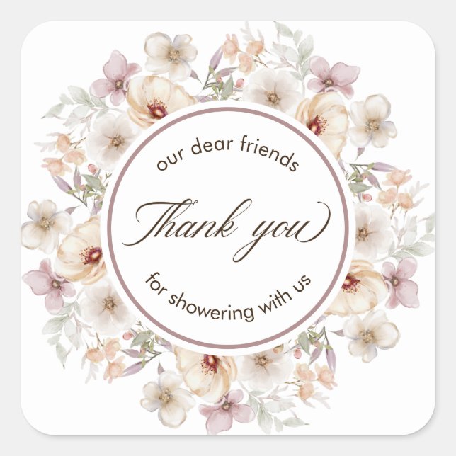 Pegatina Cuadrada Chic Floral Agradecimiento de Aquarela para Desped (Anverso)