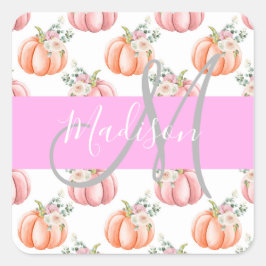 Pegatina Cuadrada Chic Floral Blanco Rosa Melocotón Calabaza Monogra