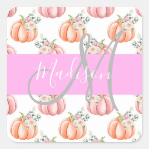 Pegatina Cuadrada Chic Floral Blanco Rosa Melocotón Calabaza Monogra