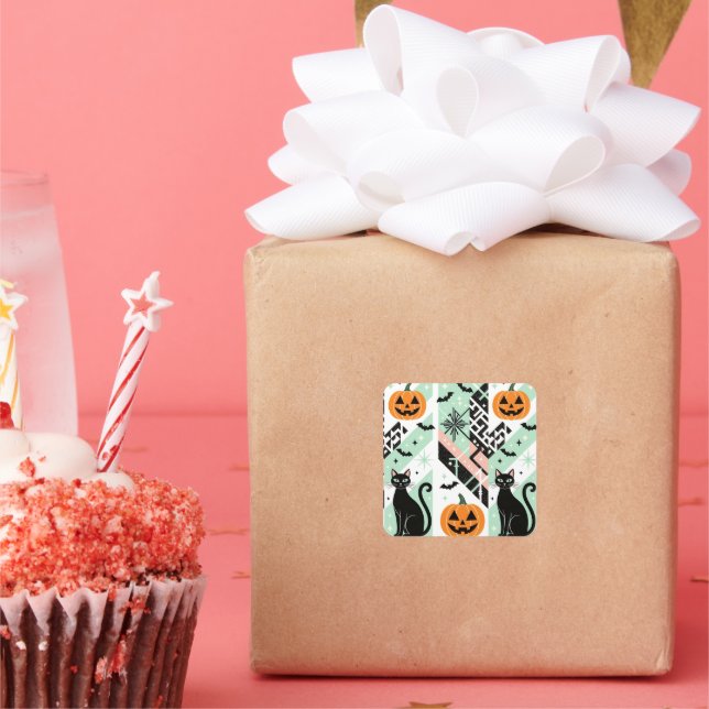 Pegatina Cuadrada Chic Geometric Pastel Black Cat Pumpkin Halloween (Fiesta)