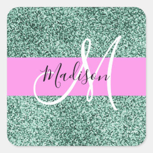 Pegatina Cuadrada Chic Glam Rosa Verde Brillante Chispa Monograma No