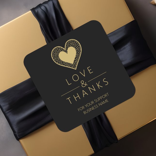 Pegatina Cuadrada Chic Gold Black Heart Lace Effect Love & Thanks (Chic Fake Golden Black Heart Lace Effect Love & Thanks Supporting Small Business Square Sticker.)