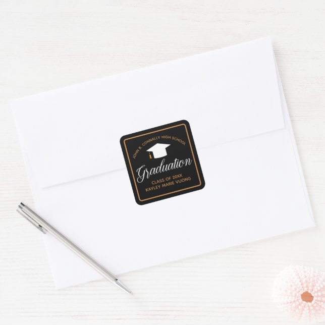 Pegatina Cuadrada Chic Graduation Black Gold Custom Graduate (Sobre)
