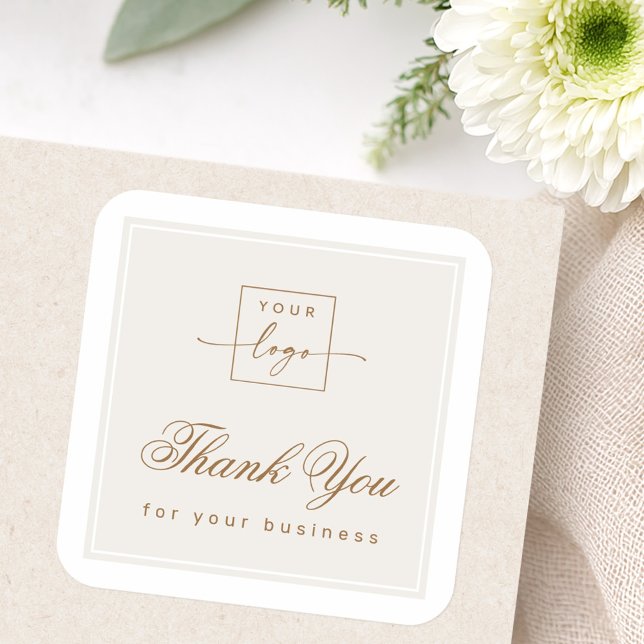 Pegatina Cuadrada Chic light tan brown custom logo thank you (Chic light tan brown custom logo thank you square sticker)