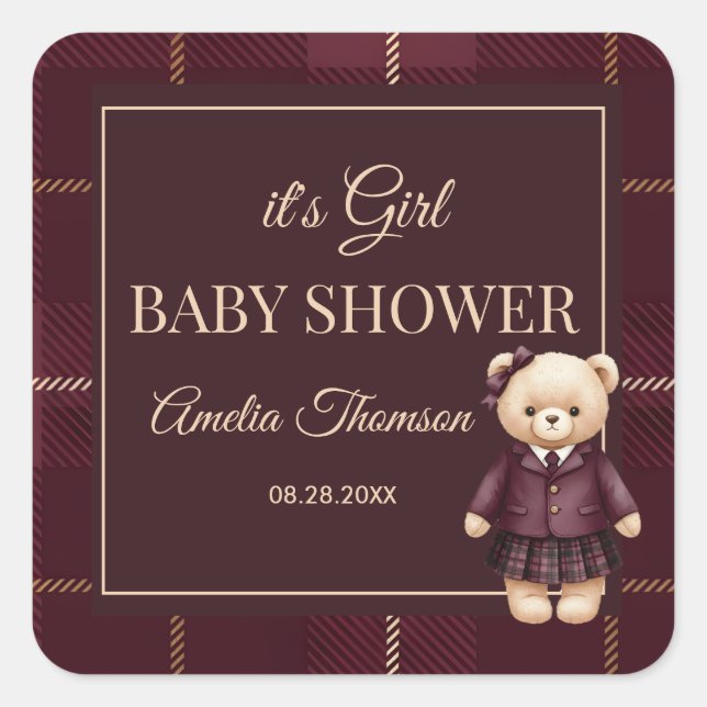 Pegatina Cuadrada Chic Luxury Teddy Bear baby shower  (Anverso)